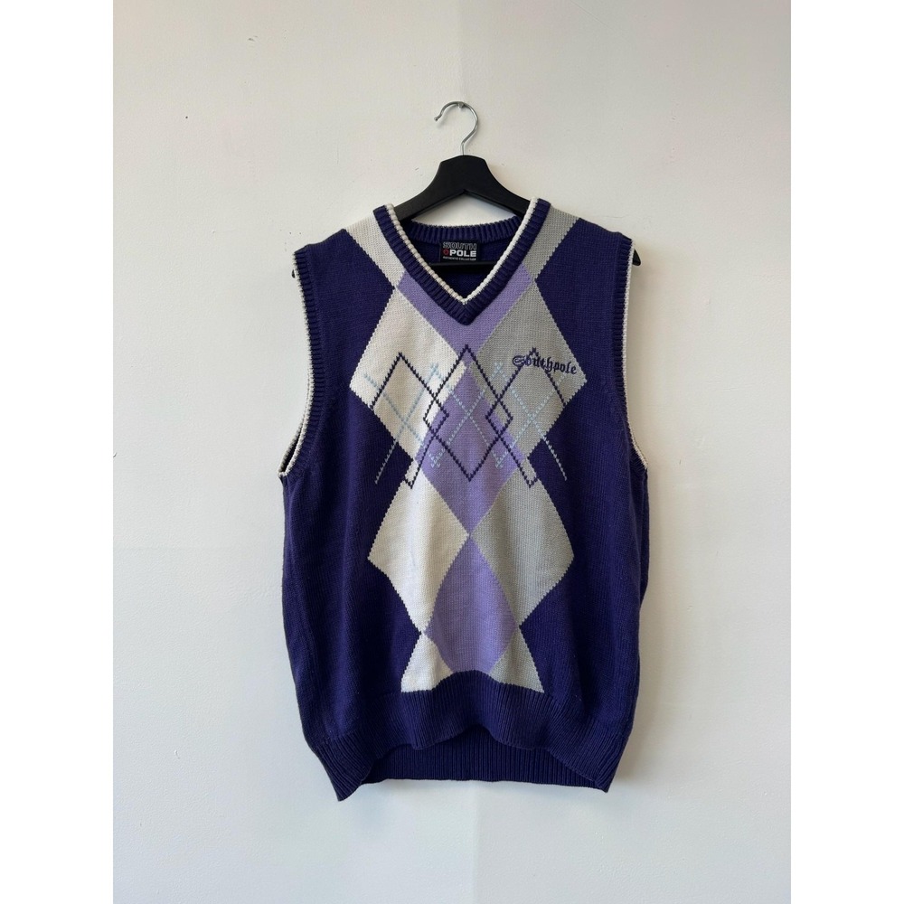 Vintage Southpole Sweater Vest Large Purple Argyle V Neck Knit Golf Preppy Y2K